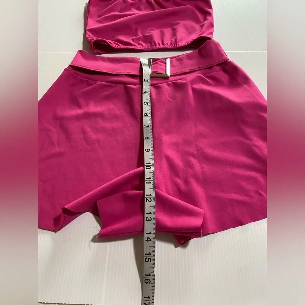 Kelle dance costume 2 piece hot pink top buckle shorts SA-Small adult
